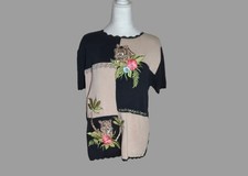 Vtg Jenny Pullover Sweater Women Sz L Embroidered Tiger Floral Bohogoth Animals