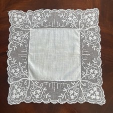 VTG Wedding Bridal Hankie Floral Embroidered Mesh Net Lace Pinholes 11x11"