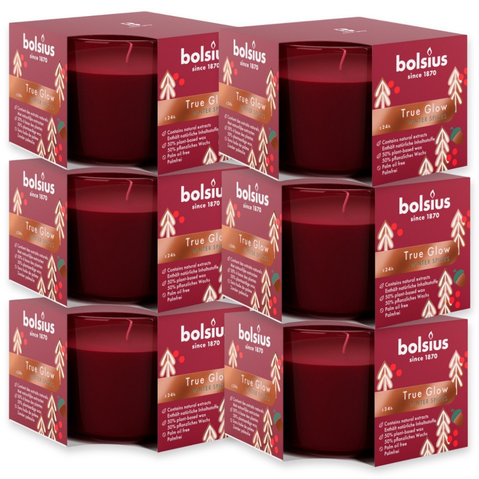 6 x Bolsius True Glow Duftgläser 90x63mm Duftkerzen Kerzenglas Winter Spices rot