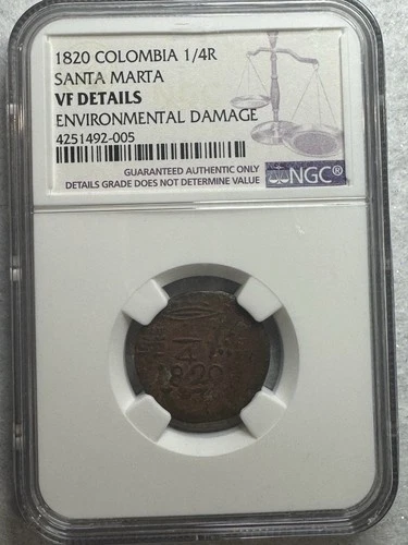 Colombia 1820 1/4 Real Santa Marta NGC-VF Details Scarce Colonial Issue