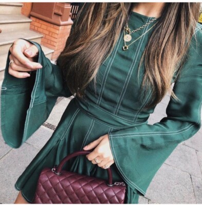 Tularosa $178 Small Nicole Dress Sycamore Green Pleated Mini Dress Bell  Sleeve | eBay