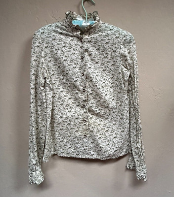 Vintage Helene Strasser Printed Ruffle Collar Shirt Long Sleeve Size 36 Ivory