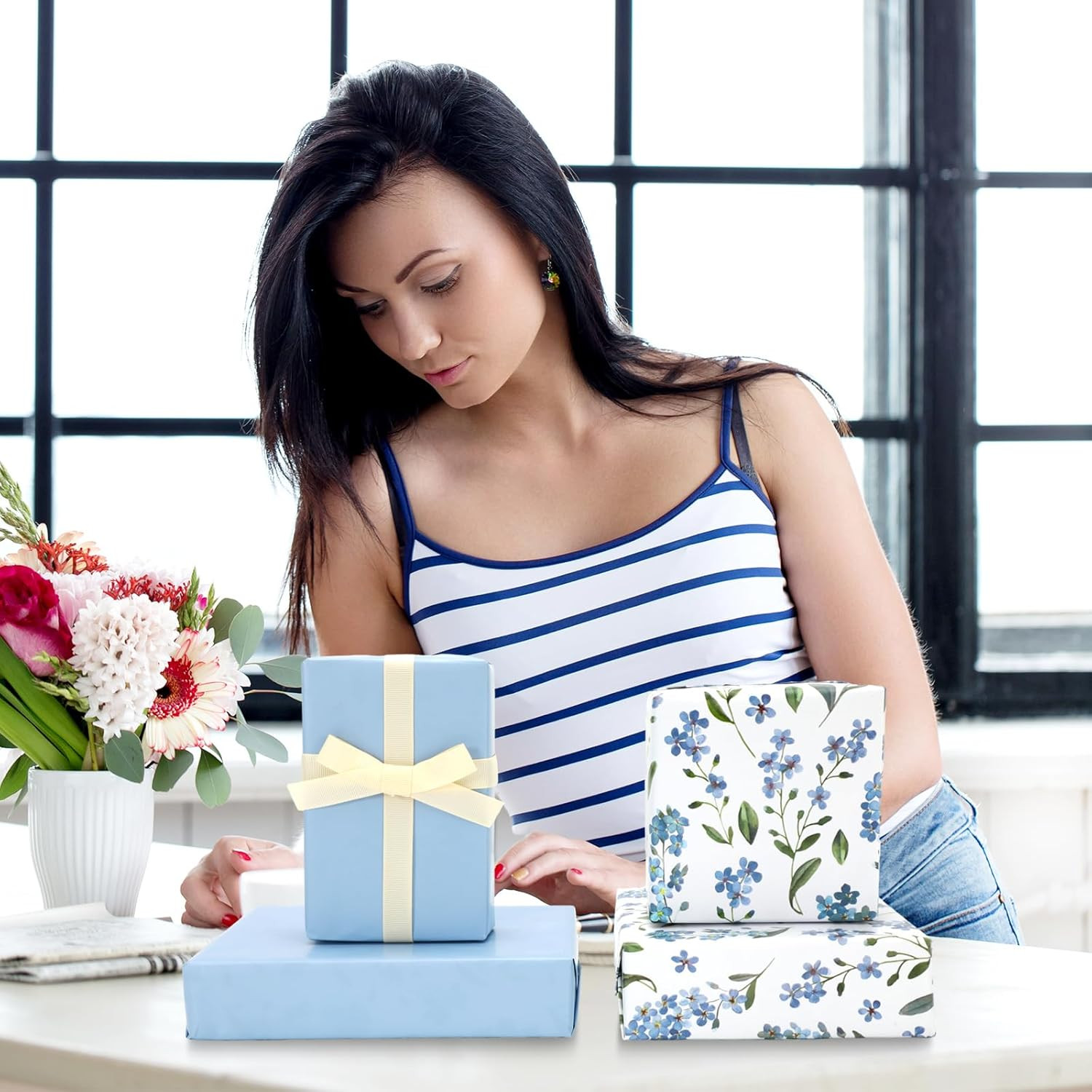 Spring Wrapping Paper -Mini Roll- 17In X 32.8Ft Forget-Me-Not Floral Gift Wrap P