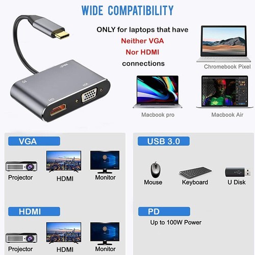 Adaptador de carga 4 en 1 concentrador tipo C USB 3.0 USB-C a 4K HDMI VGA adaptador de pantalla - Imagen 4 de 10