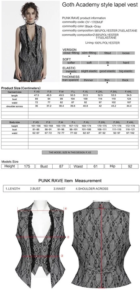 Punk Rave Women Black Gothic Academy Style Patterned Lapel Vest Silm WaistCoat - Image 4 of 4