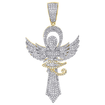 10K Yellow Gold Real Diamond Men's Egyptian Ankh Cross Eye of Ra Pendant 3/4 CT