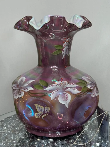 Fenton Large Museum Collection Plum Iridized Pinch Vase