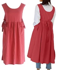 Plus Size Cotton Linen Apron Vintage Pleated Pinafore Dress with Pockets