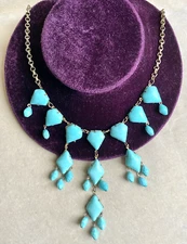 ZAD Turquoise Glass Drop CASCADE NECKLACE Antiqued Brass AMAZING 90s Piece