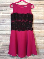 Ann Taylor LOFT Sz 8 Pink Black Lace Detail Sleeveless Lined Flared Shift Dress