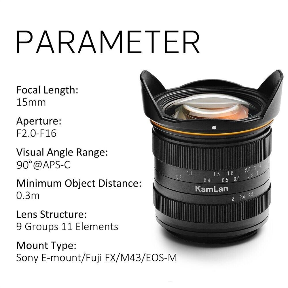 Kamlan 15mm F2.0 APS-C Manual Focus Lens for Canon EOS-M / Sony E