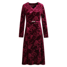 Women Floral Velvet Dress Midi V Neck Elegant Retro A-line Printed High Waist