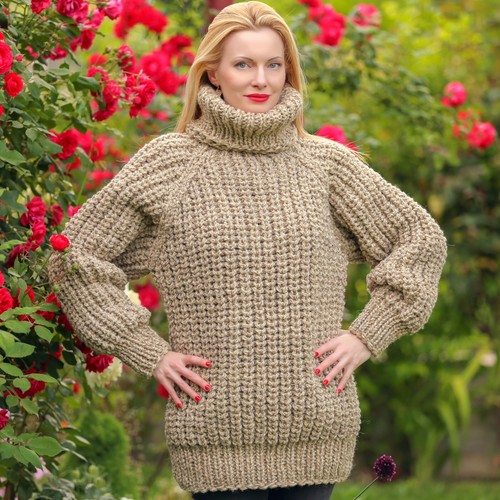 Ivory beige wool sweater itchy jumper organic wool pullover SuperTanya XL-XXL - Picture 2 of 6