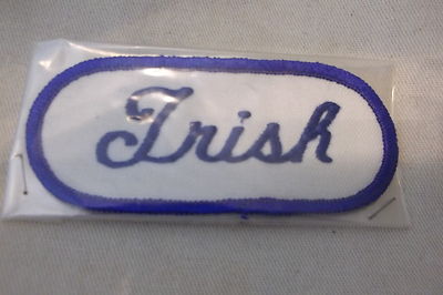 TRISH USED EMBROIDERED VINTAGE SEW ON NAME PATCH TAGS OVAL BLUE ON WHITE