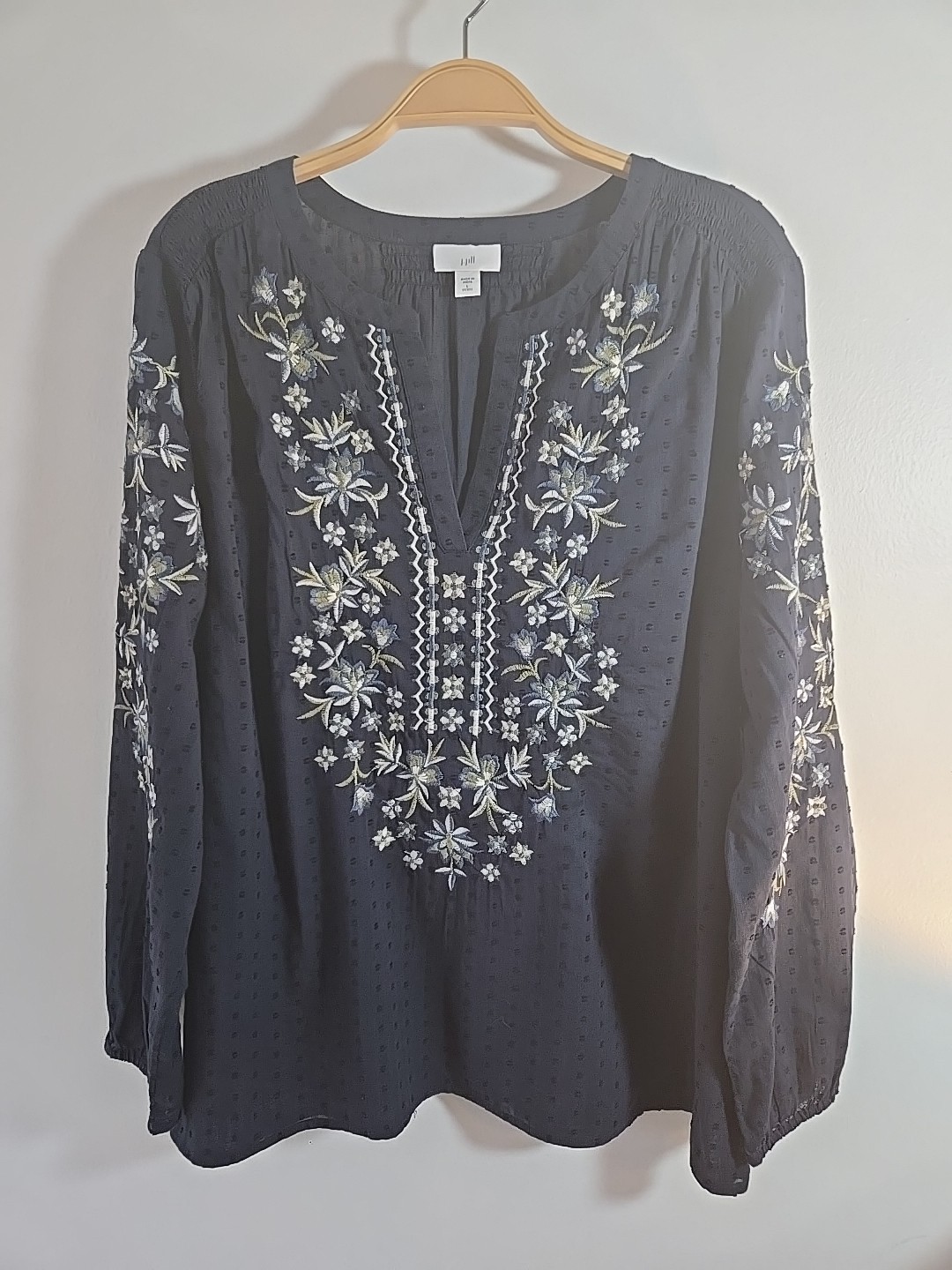 J.Jill Navy Embroidered Swiss Dot Tunic Blouse Size LP Long Sleeve