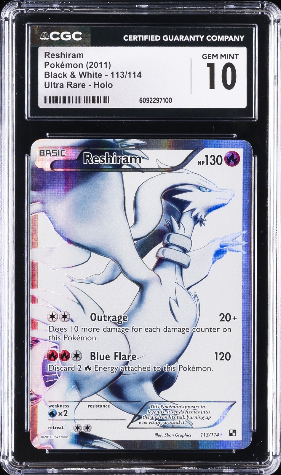 2011 POKEMON BLACK & WHITE ULTRA RARE, HOLO #113 RESHIRAM CGC 10 GEM MINT