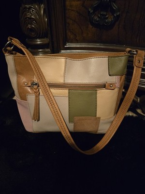 The Sak Leather Patchwork Crossbody Shoulder Bag Multicolor Tan Pink Green
