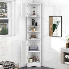 Tall White Corner Bathroom Storage Cabinet 2Doors Adjustable Shelves Open Shelf