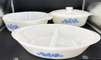 Fire-King Blue Cornflower Milk Glass Casserole