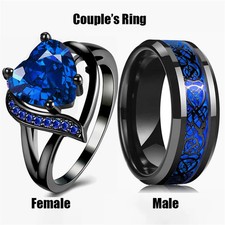 Couple Matching Heart Rings Blue Zircon Stainless Steel His Hers Wedding Set