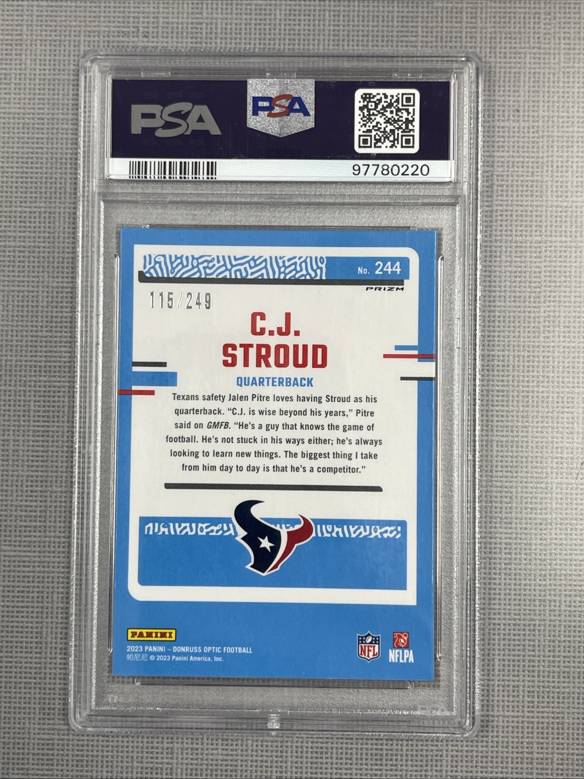 2023 Donruss Optic Orange /249 CJ Stroud RC #244 PSA 10 Rated Rookie view 2
