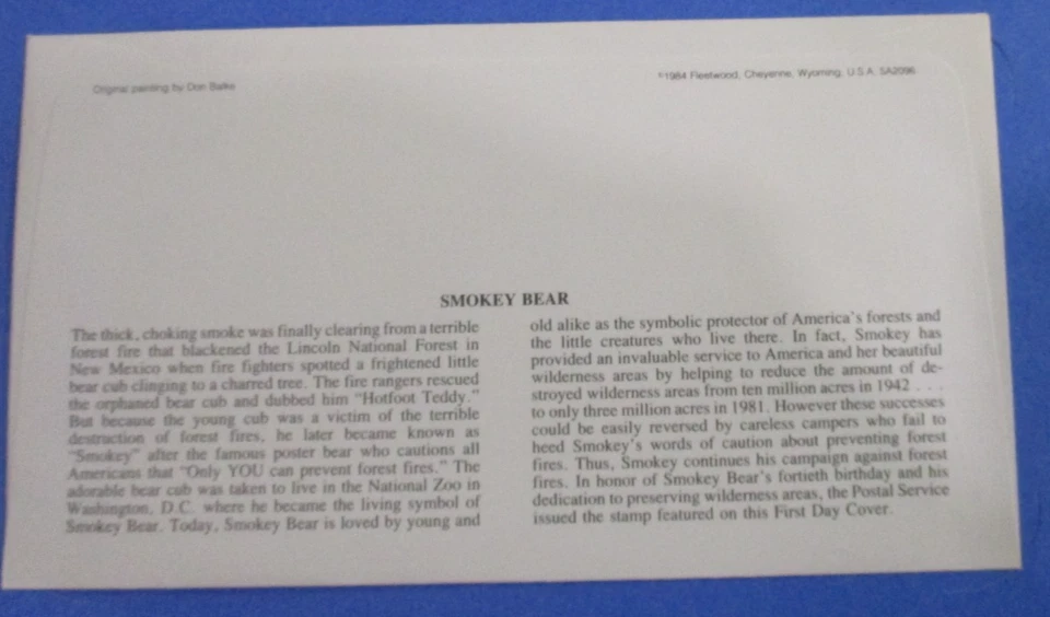 FDC  1984 FLEETWOOD CACHET FDC "SMOKEY BEAR"  POSTED CAPITAN, NEW MEXICO - Image 4 of 4