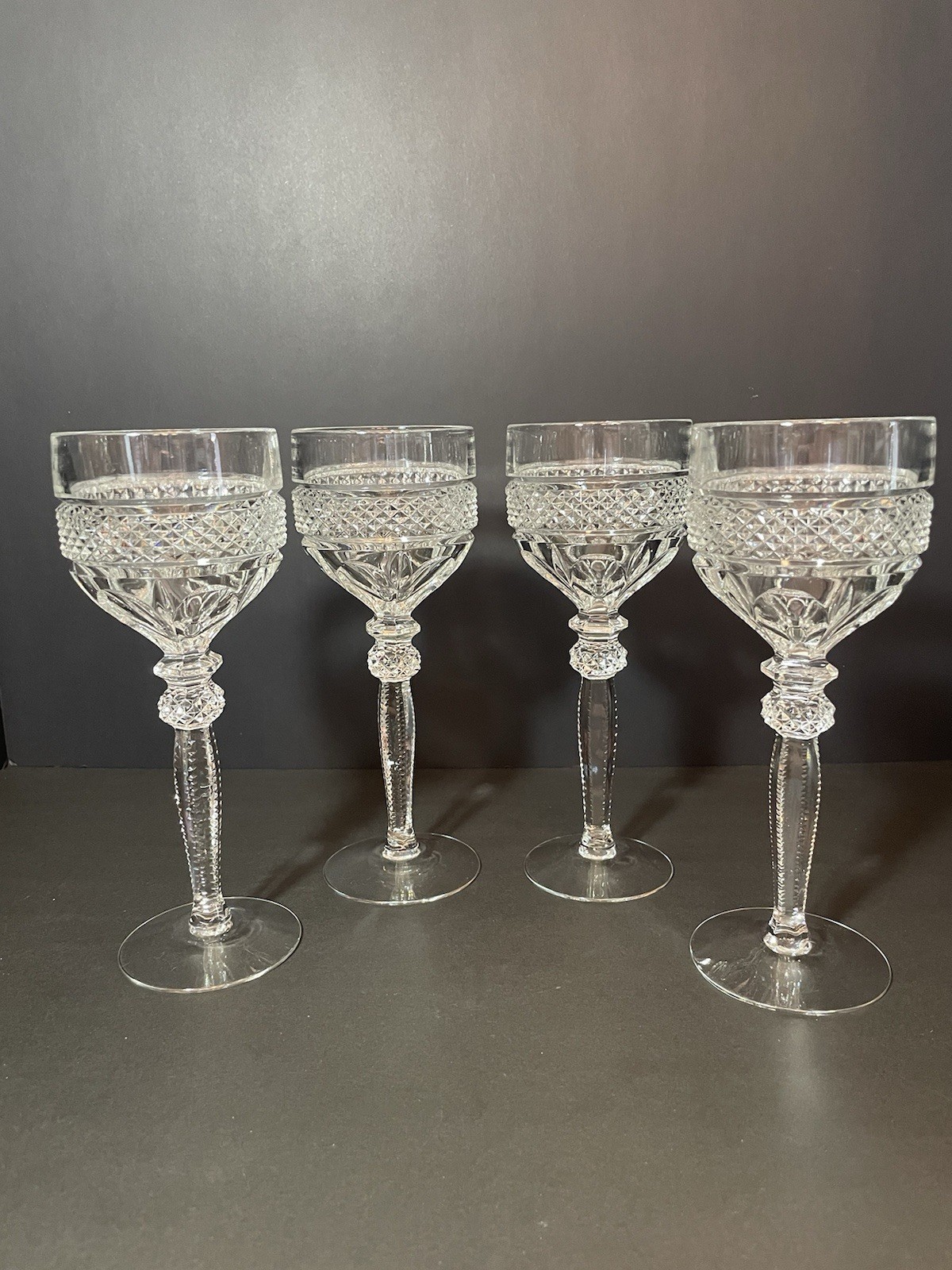 4 RIEKES-CRISA Williamsburg Cut Crystal Wine Hock  Goblet Glass Stemware 8”
