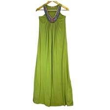 Chartreuse Boho Maxi Dress Colorful Beaded Neck Sleeveless Beach Vacation S
