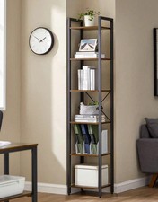Narrow Wooden Shelf 6 Tier Rustic Rack Display Unit Metal Frame Storage Bookcase