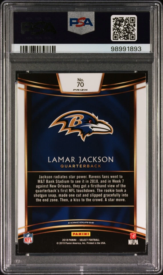2018 Panini Select Silver Rookie #70 Lamar Jackson PSA 9 MINT Baltimore Ravens - Image 2 of 2
