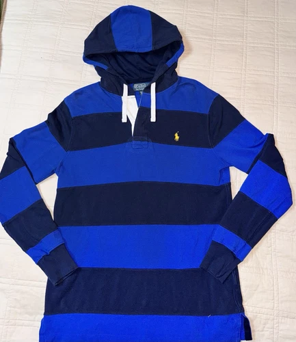 VTG Polo Ralph Lauren Mens Rugby Stripe Pullover Navy Blue Cobalt Hoodie Sz M