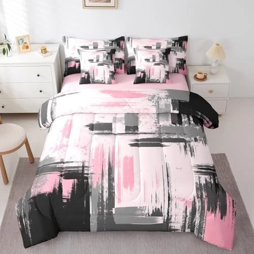  Juego de cama abstracto de 7 piezas cama de arte abstracto moderno en una cama doble rosa y gris Foto 3 de 4