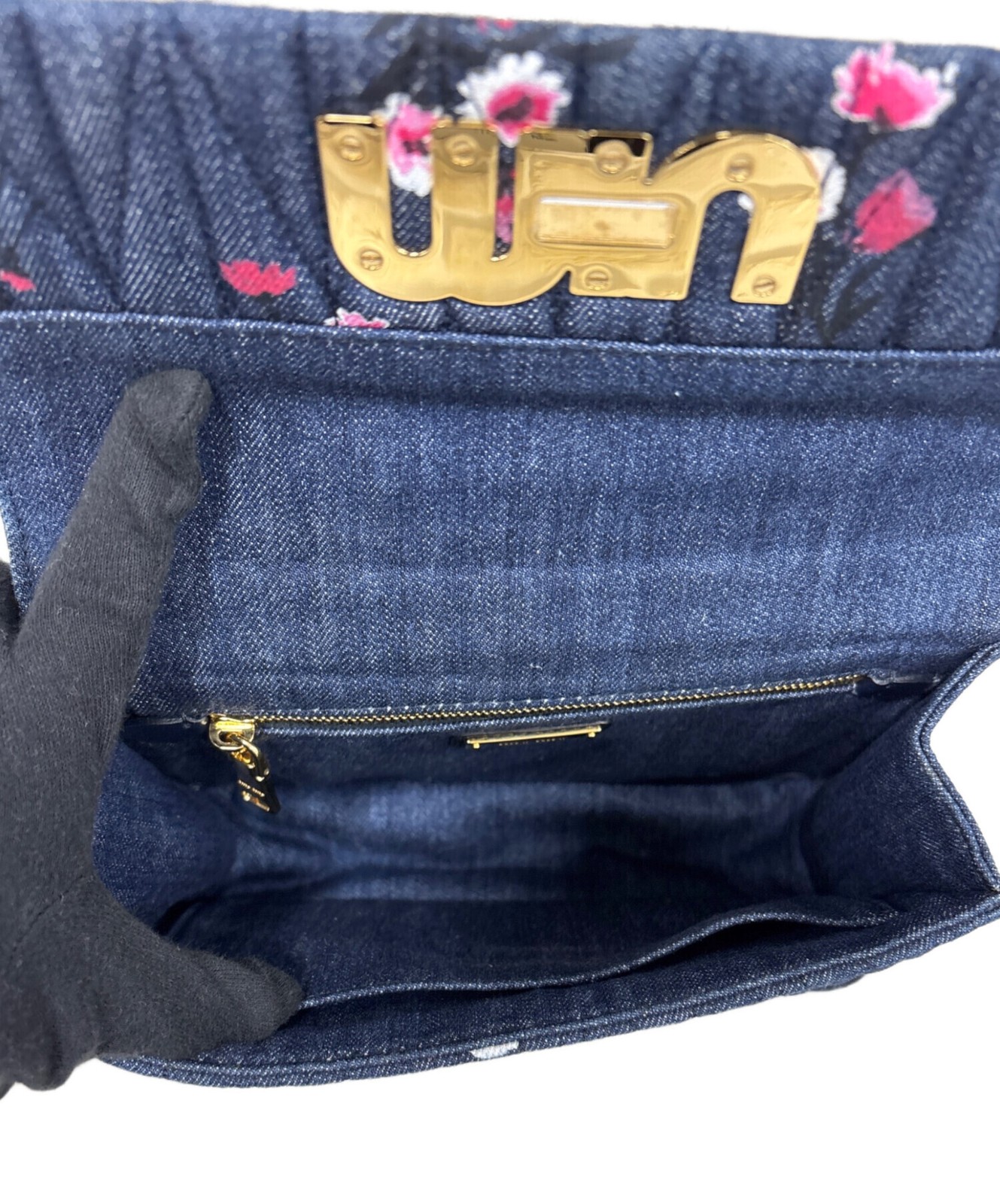 Miu Miu Floral Denim Shoulder Bag Indigo Leather Strap Gold Auth image 9