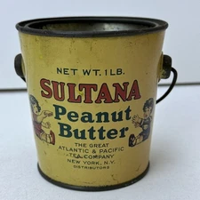 Vintage Sultana Tin Litho Peanut Butter 1 Pound Atlantic Pacific Tea Company NY