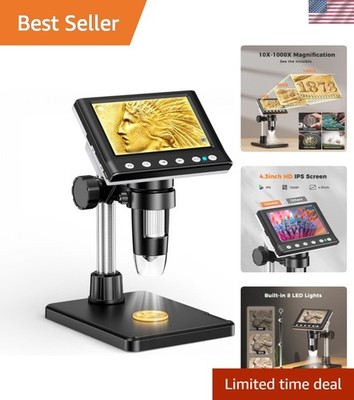 4.3 Inch LCD Digital Coin Microscope, 1000X USB Magnifier with 8 Adjustable L...