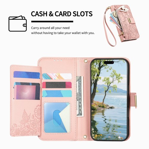 For iPhone 16 Pro Max 14 13 12 15 Leather Zipper Wallet Case Card Holder+Strap - Picture 49 of 70