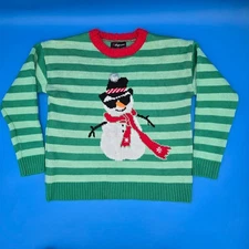 33 Degrees Womens Green Striped Snowman Ugly Christmas Sweater Size S