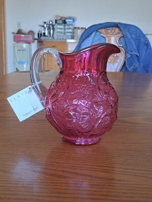 Fenton Art Glass Country Cranberry Pitcher Water Lilly Pattern Ruby Overlay