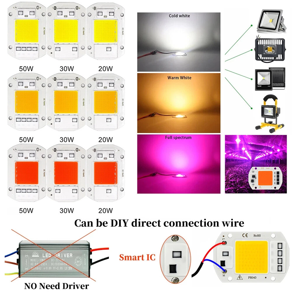 1 10 Full Spectrum Smart IC 20W 30W 50W Driverless COB LED Chip for Growing Lamp
