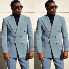 Blue Herringbone Men Suits Vintage Peak Lapel Light Tailored Groomsmen Wear