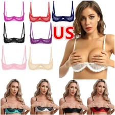 US Womens Sheer Mesh Sexy 1/4 Cups Lace Balconette Bra Underwire Tops Lingerie