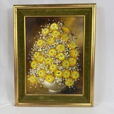 Signed Vic Tor - Yellow Zinnias - Still Life Floral Oil Painting - Framed 11x14