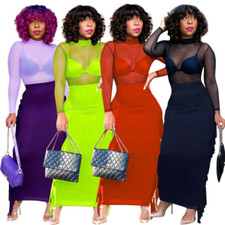 Sexy Women Mesh Perspective Mock Neck Long Sleeve Tassels Bodycon Long Dress 2pc