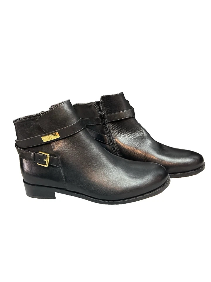 Lauren Ralph Lauren Borgia Boots Black With Gold Buckles Size 8.5 Flats - Image 3 of 4