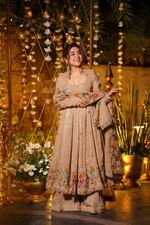 Bollywood Style Beige Crunchy Silk Gown Palazzo With Dupatta For Wedding Wear