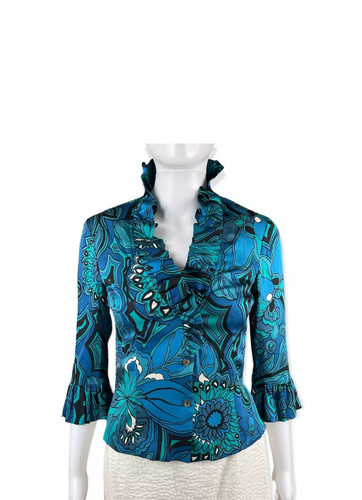 Trina Turk Silk Stretchy Floral Button Down Top with Ruffles, size S Blue Green
