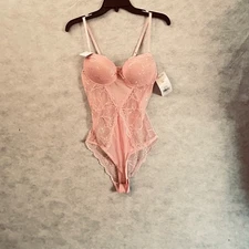 René Rofé Lingerie Bodysuit Pink Lace Push Up Teddy Romper Intimates