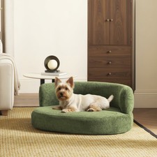 Medium Dog Sofa Bed, 36" Curved Plush Teddy Fleece, Durable 150Lbs, Green