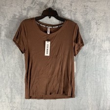 Steve Madden Women's Top L Short Sleeve Ribbed Scoop Neck Pajamas PJs Lounge Tan