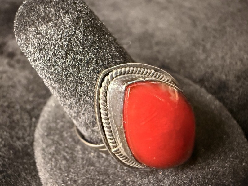 925 Sterling Silver Signed Red Coral Marquise Bezel Statement Ring Sz 7